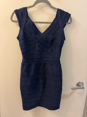 Aqua Navy Bandage V-Neck Mini Dress